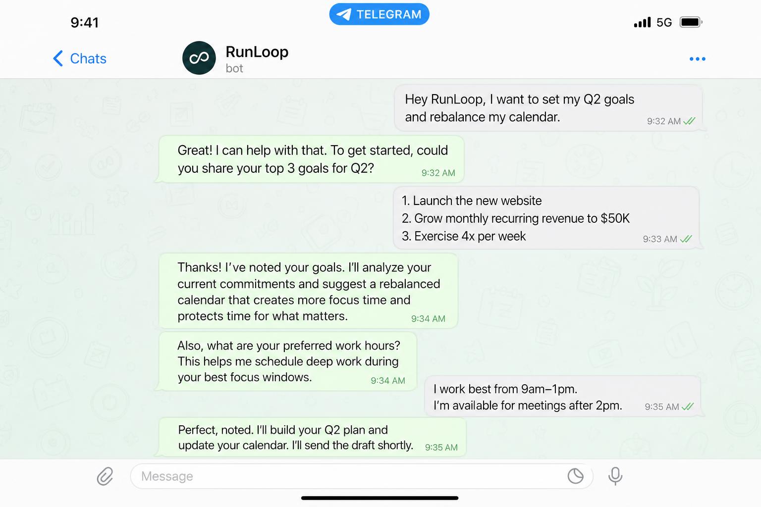 Telegram thread showing a goal check-in conversation
