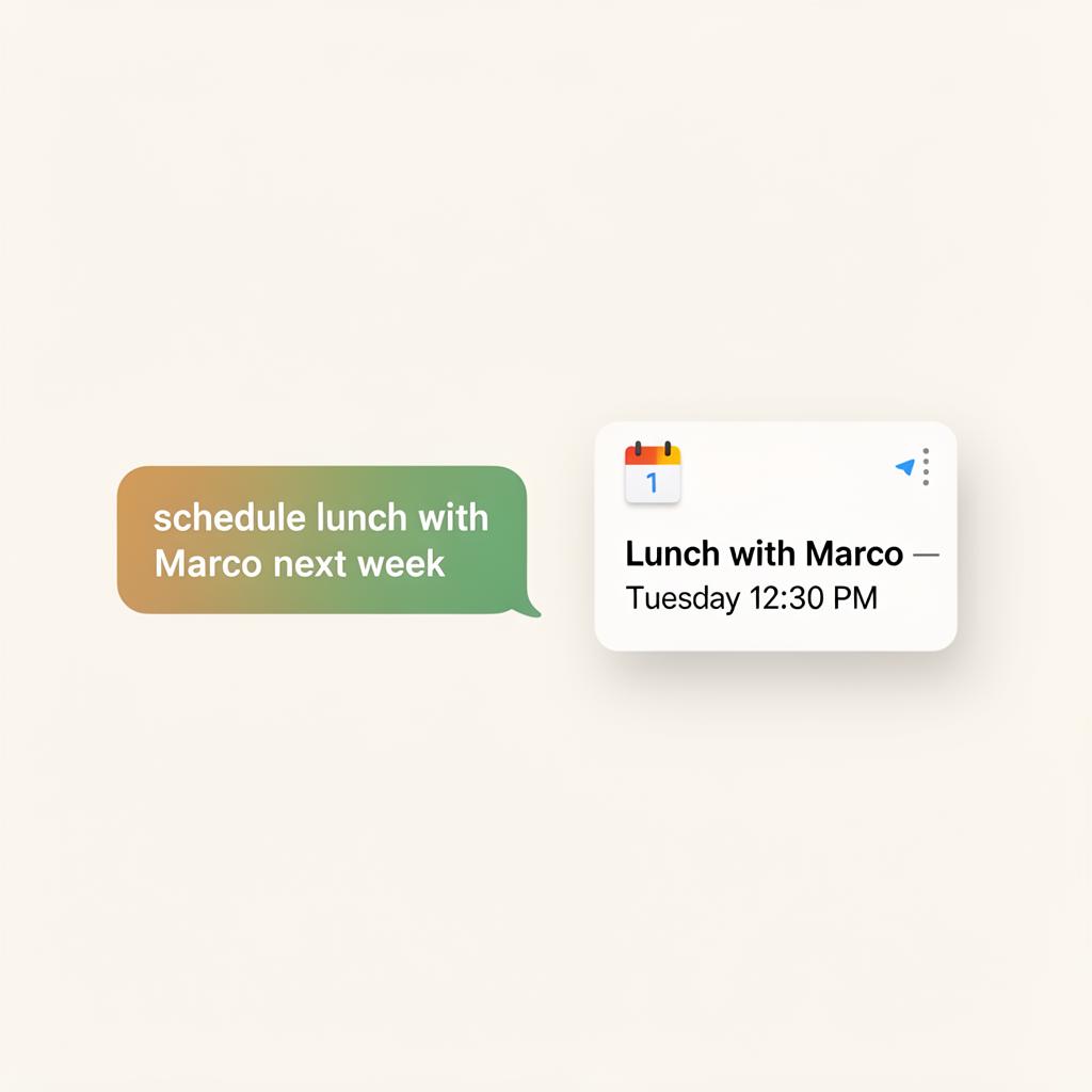 Telegram message scheduling a lunch next to the resulting Google Calendar event